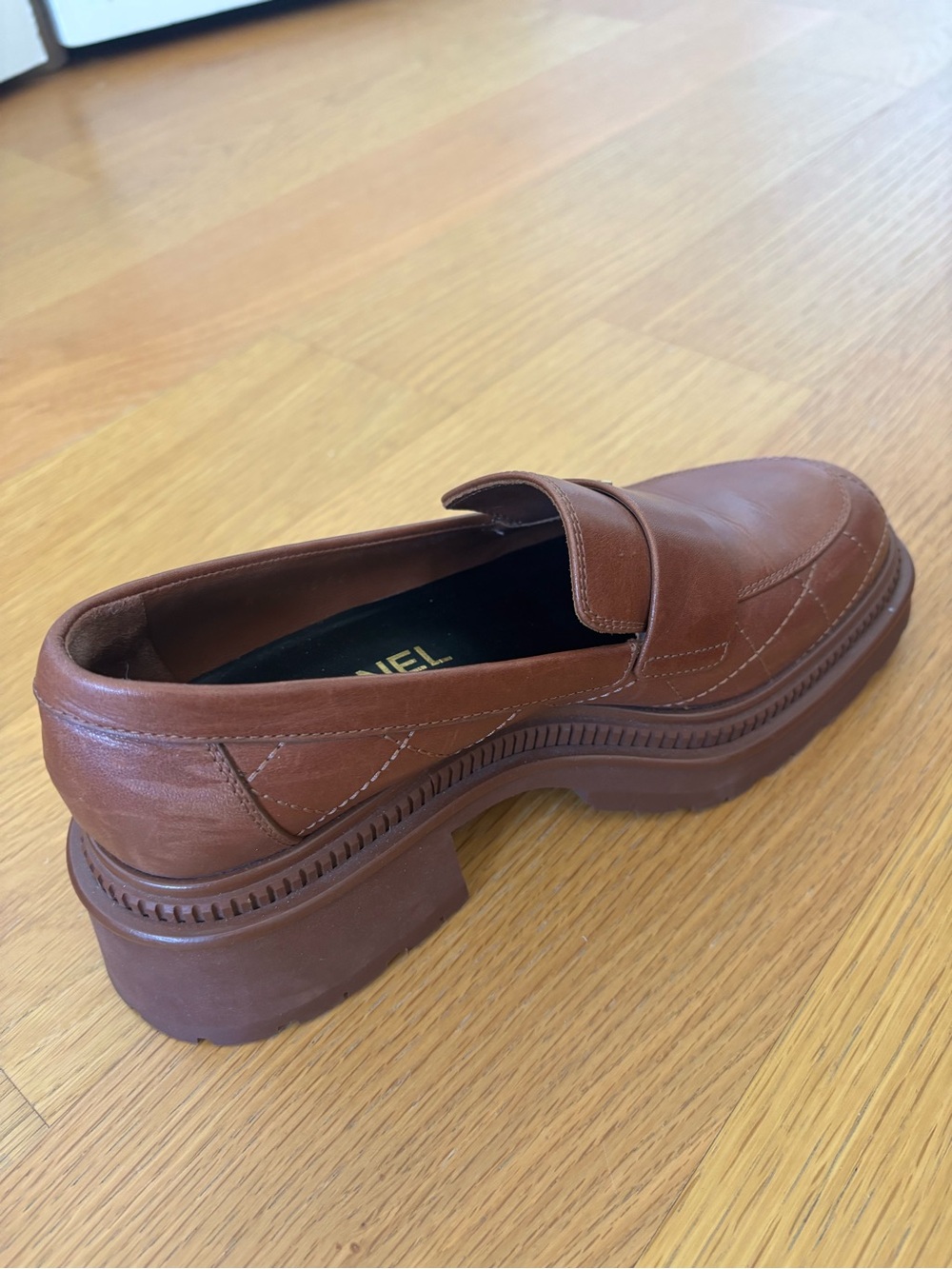 CHANEL Chestnut Brown Leather Penny Loafers with Gold CC Emblem - Picture 8 of 9